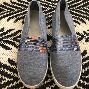 Denim Blue Pink Transparent Floral Accent Baby Doll Shoes size 10